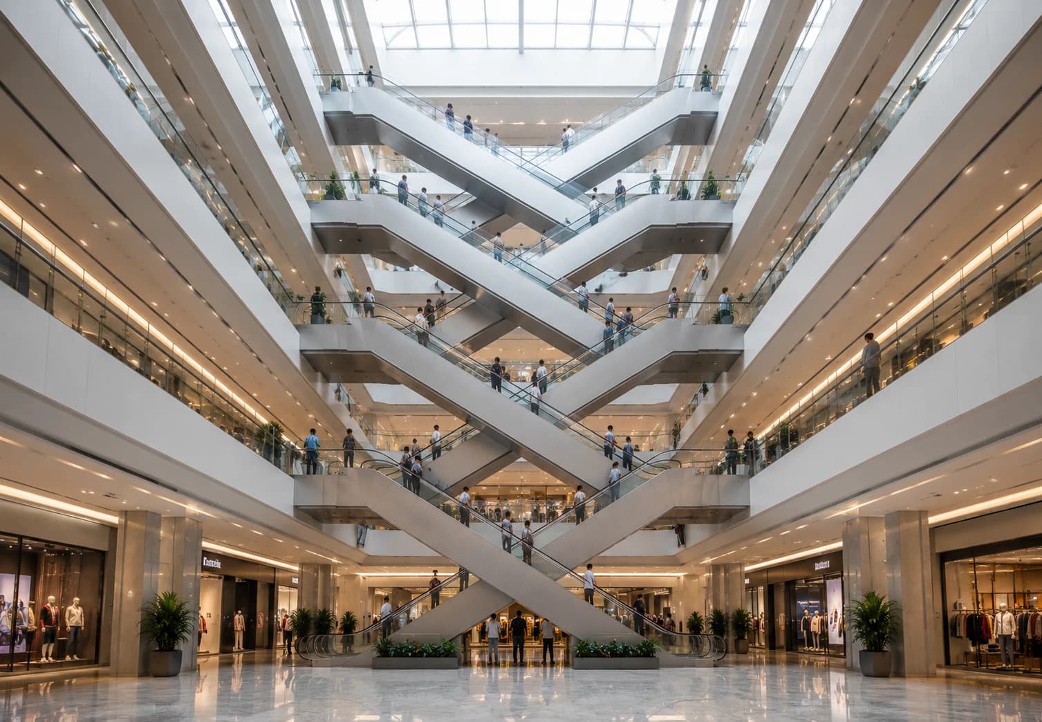 Crisscross arrangement through a multi-level mall atrium