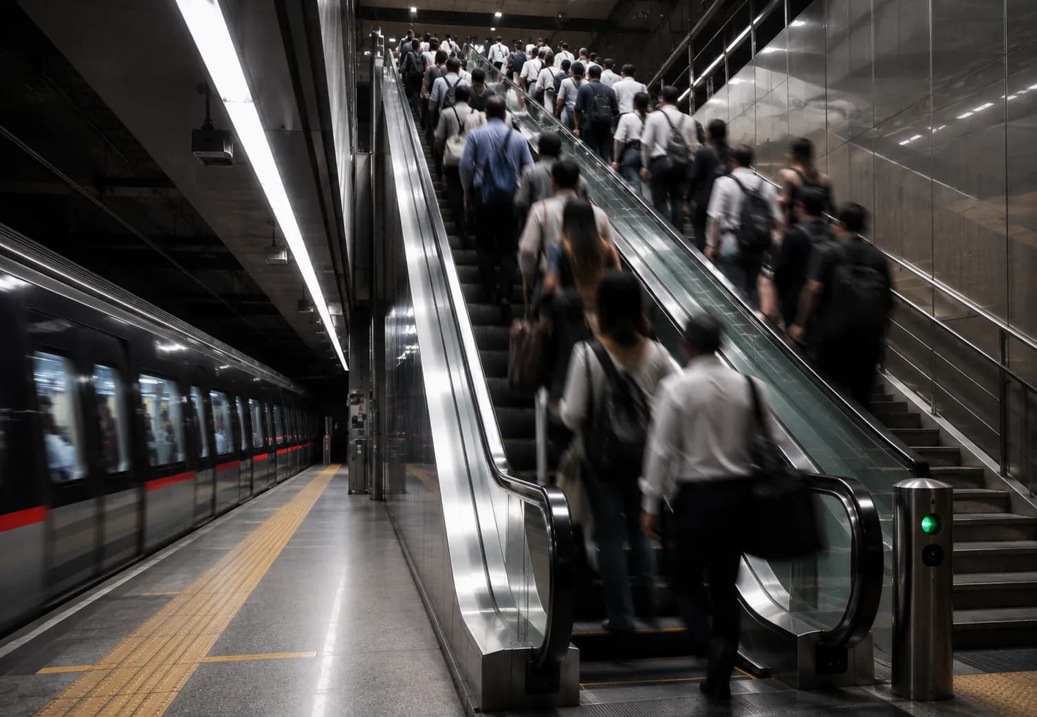 Heavy-duty escalator at a metro platform during a peak passenger surge