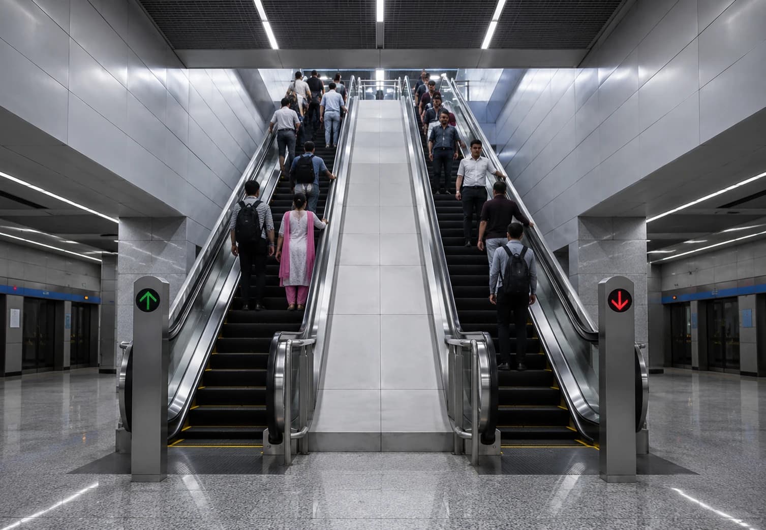 Parallel escalator pair in a metro station, one up and one down within a single well