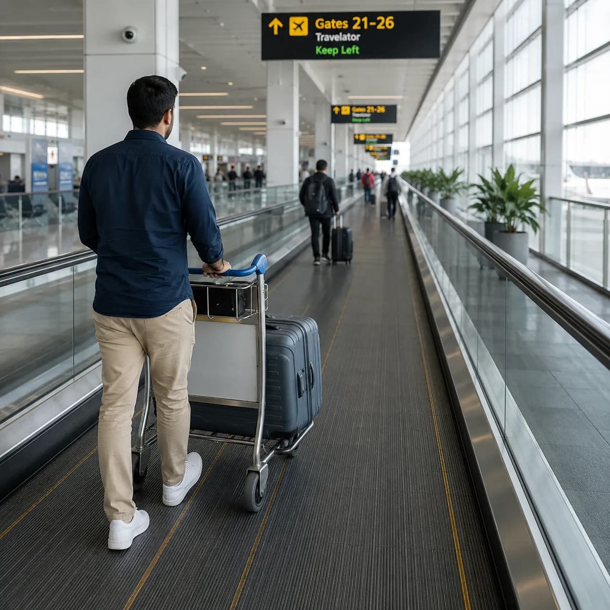 Omega Travelator flat pallet band with a luggage trolley riding alongside passenger